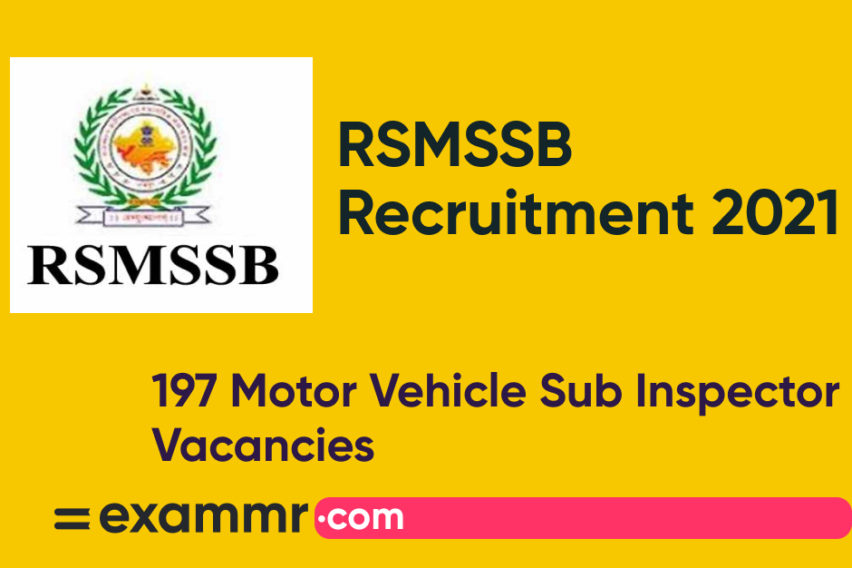 RSMSSB Recruitment 2021: Notification Out for 197 Motor Vehicle Sub Inspector Posts